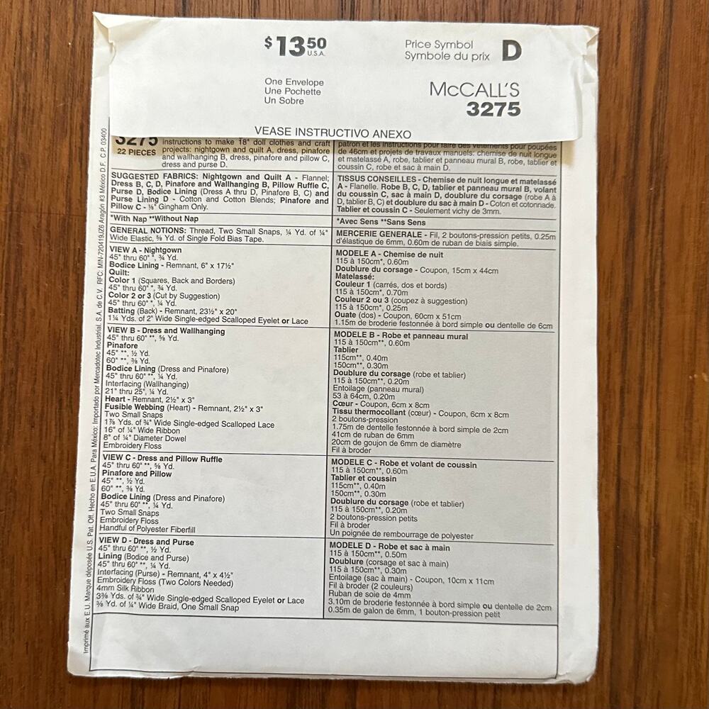 UNCUT McCall's 3275 Pattern 18" Doll Clothes - Picture 2 of 2